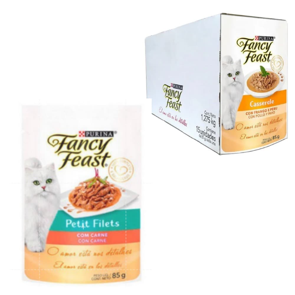 15 unidades sache para gato purina  Fancy Feast Petit Filets com carne sachê CAIXA LACRADA