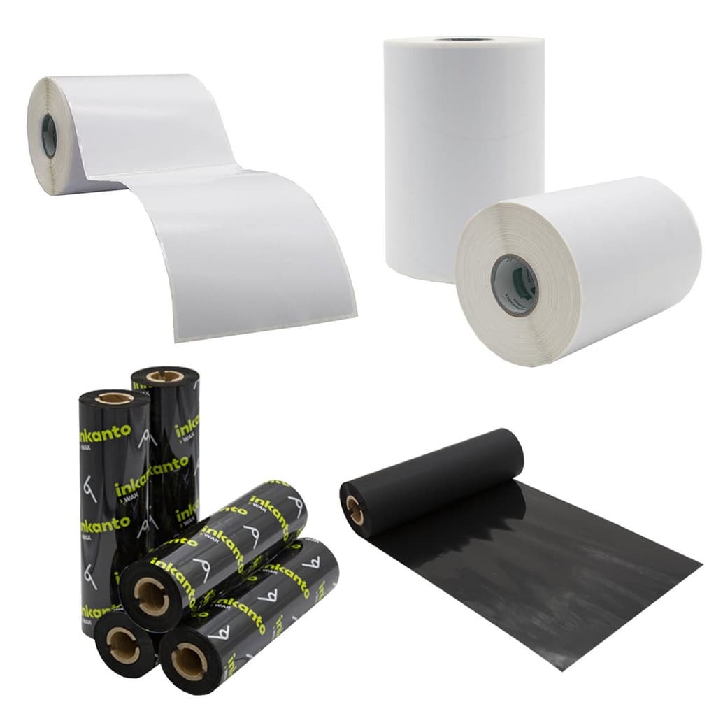 Kit 2 Rolos Etiqueta 10x15 100x150 Couche Serrilha + 1 Ribbons Cera 110x74 para E-Commerce 200 etq por Rolo