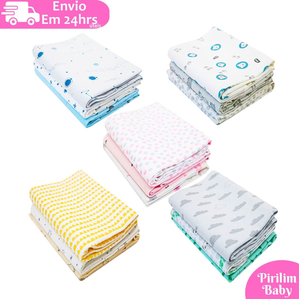 Manta Cueiro Bebê KIT 3 unidades Flanelado Composê 80cm x 50cm ou 1,0m x 80cm Estampado