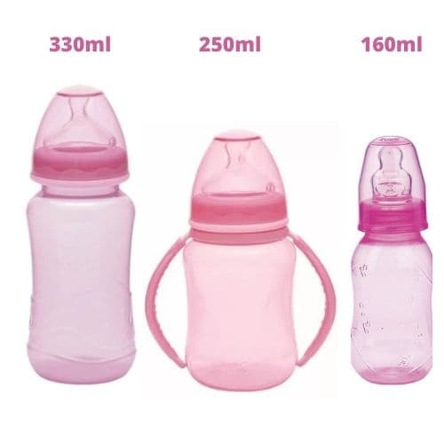 Kit 3 Mamadeiras Kuka Aquarela Rosa (160ml, 250ml c/ Alça, 330ml) Bico Ortodôntico