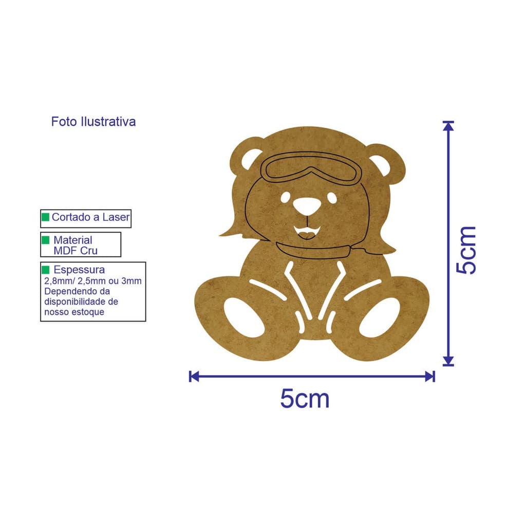 Urso Aviador Aplique 5X5cm MDF Cru Pacote 10 Peças