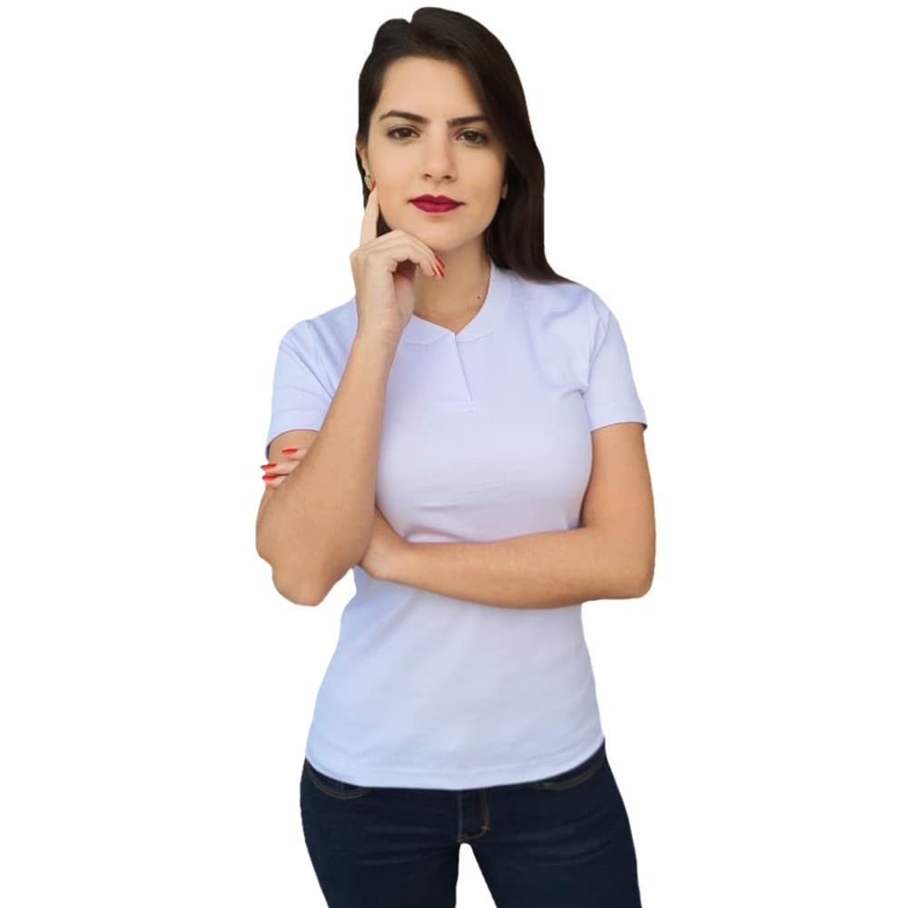Camiseta Básica Feminina Branca Canelada Gola Padre Bu14 | Camiseta Gola Padre Médica