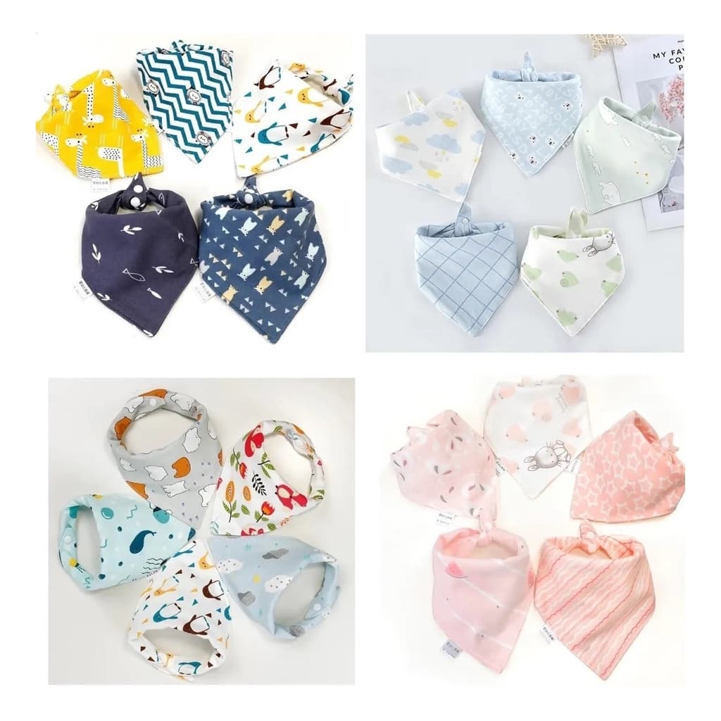 5 Babadores Bandana Importado Bebê Com 2 Regulagem Tecido Duplo 100% Algodão