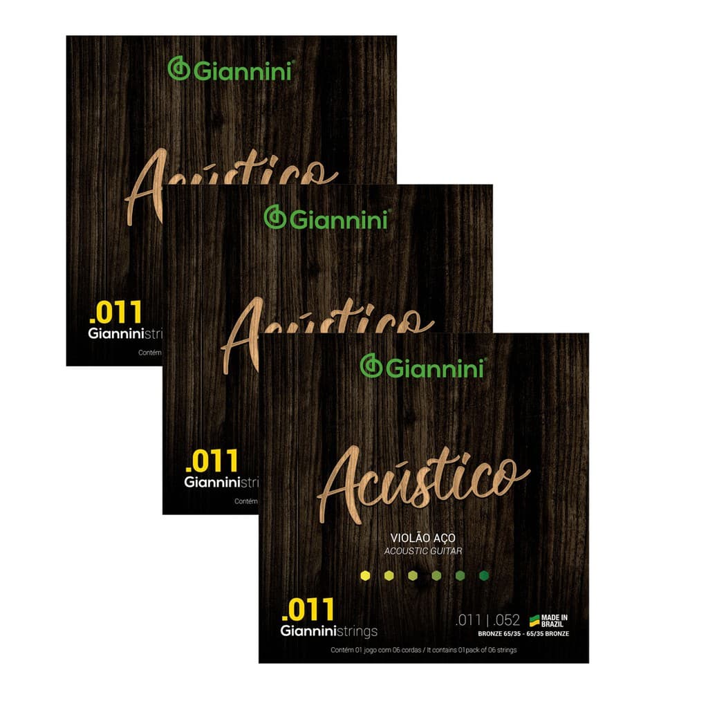 Pacote Com 03 Cordas Para Violao Aco Giannini Acustico 011