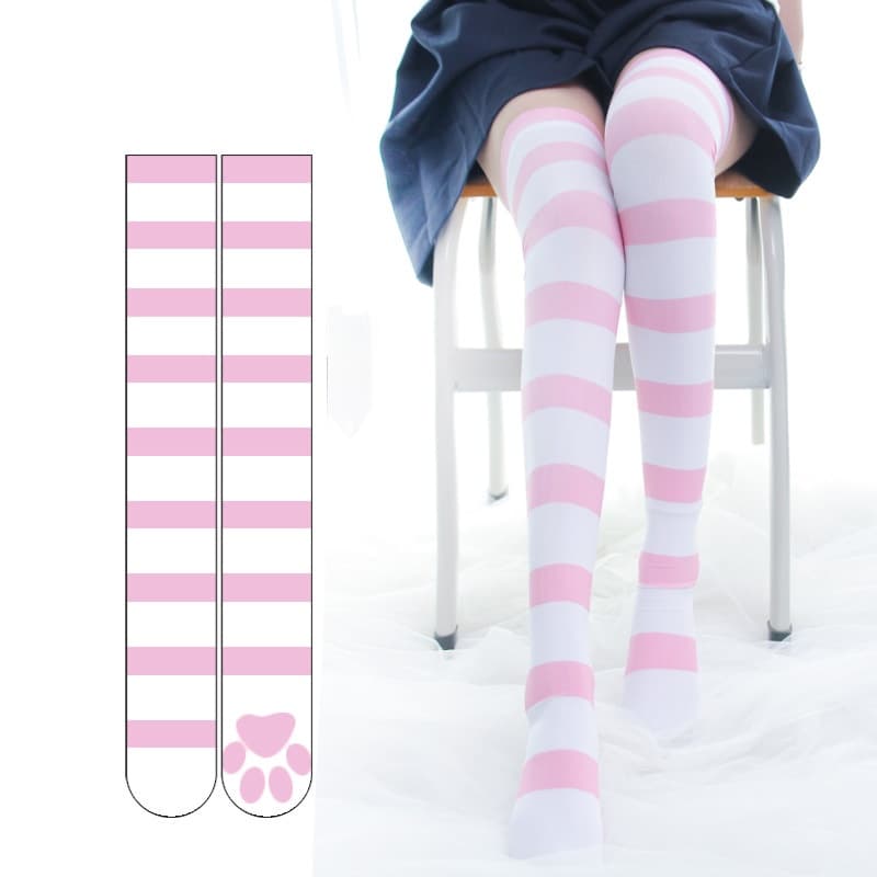 Lolita Sobre Meias De Joelho Rosa Faixa Kawaii Cat Paw Print Gótico Veludo O Longas JK
