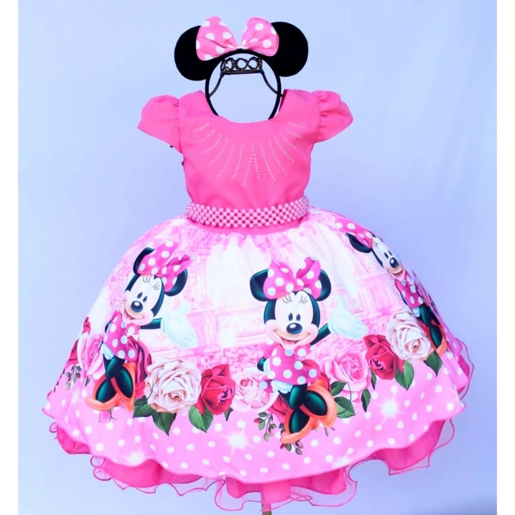 Vestido Infantil Minnie Rosa Tematico Festa Aniversario Com Tiara