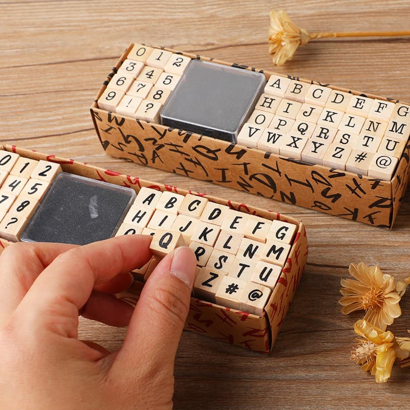 40 Pcs Alfabeto Stamp Set Com Almofada De Tinta Preta De Madeira Carta Número Símbolo Do Vintage Para Fazer Cartão Planejador Recados