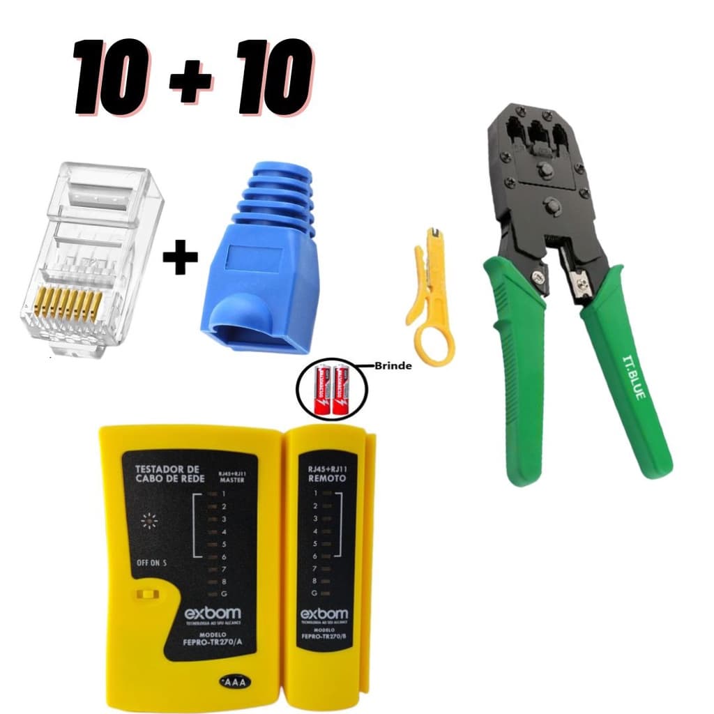 Kit Alicate de Crimpar RJ45 com Teste de Cabo de Rede + 10 Conectores CAT5e + 10 Capas Protetora RJ45 +  Pilhas