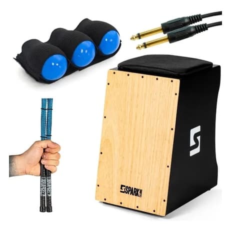 Cajon Eletrico Cajon Eletroacústico + Vassourinha Cajon (Par) + Canela Shaker 03 em 01 + Cabo P10 Spark Instrumentos Musicais Percussão