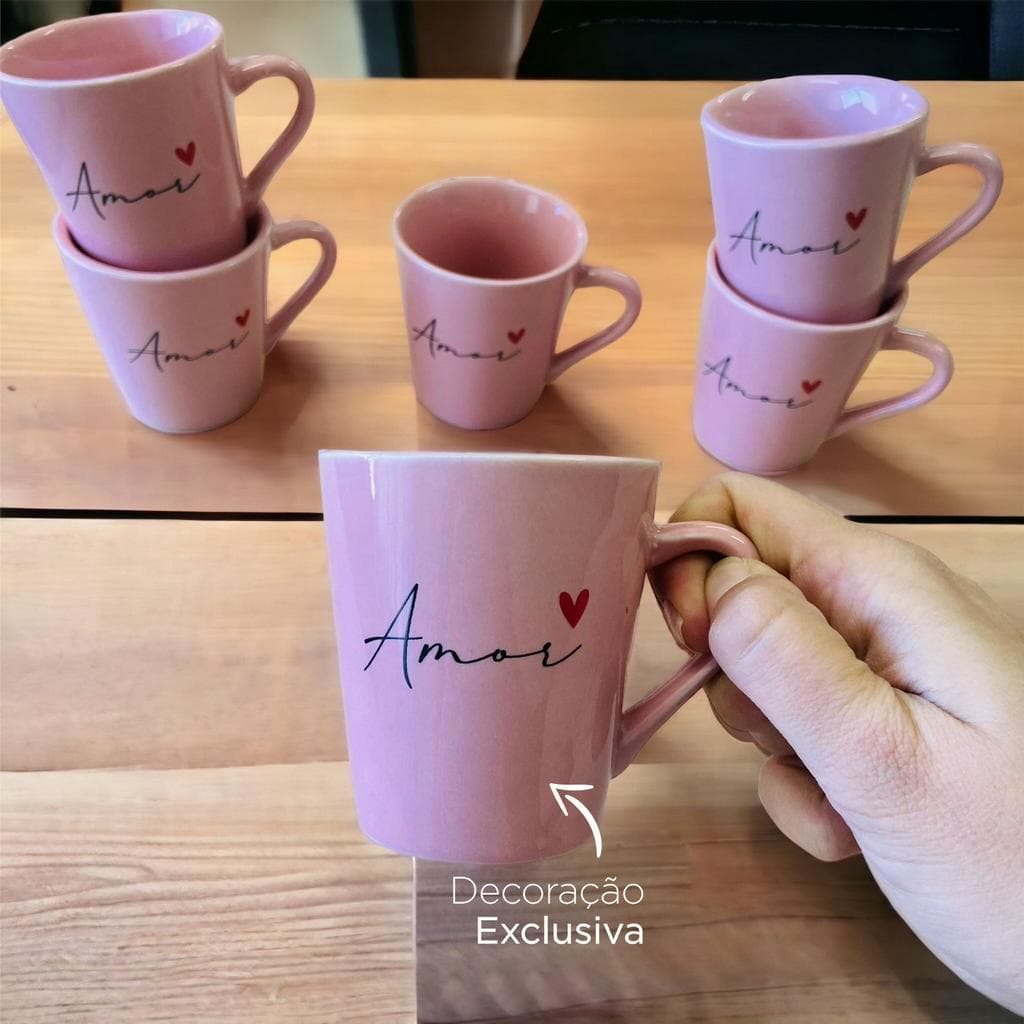 Kit Jogo 6 Xicaras canecas Porcelana 120ml Café Chá Decorada Rosa Amor Spot