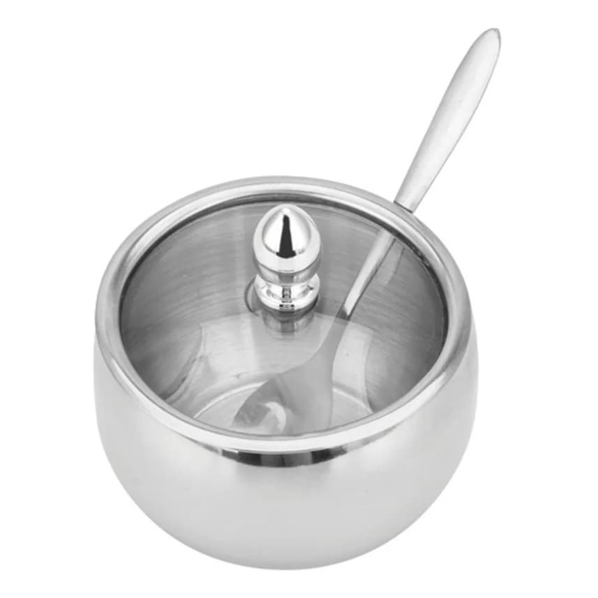 Açucareiro de Aço Inox com colher e Tampa de Vidro Moderno Utilidades