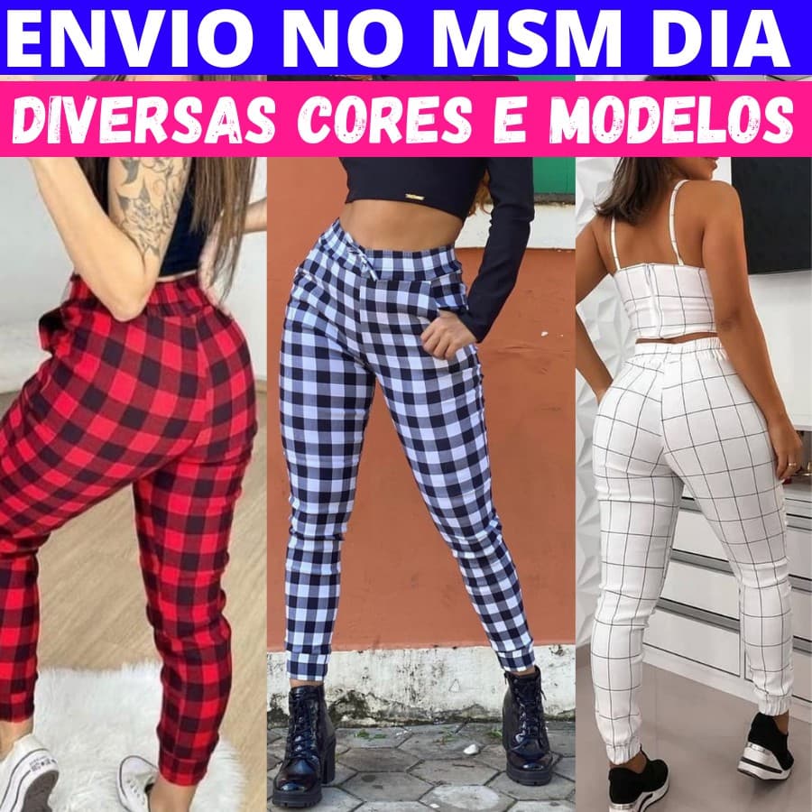 Calça Feminina Jogger Quadriculada Xadrez Lisa Diversas Cores e Modelos M G GG Calça Jogger Moda