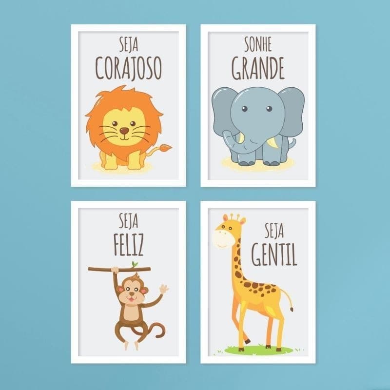 Kit Quadros Decorativos 4 Peças Safari Infantil Frase seja Forte Salmo Animais Macaco Leão Girafa