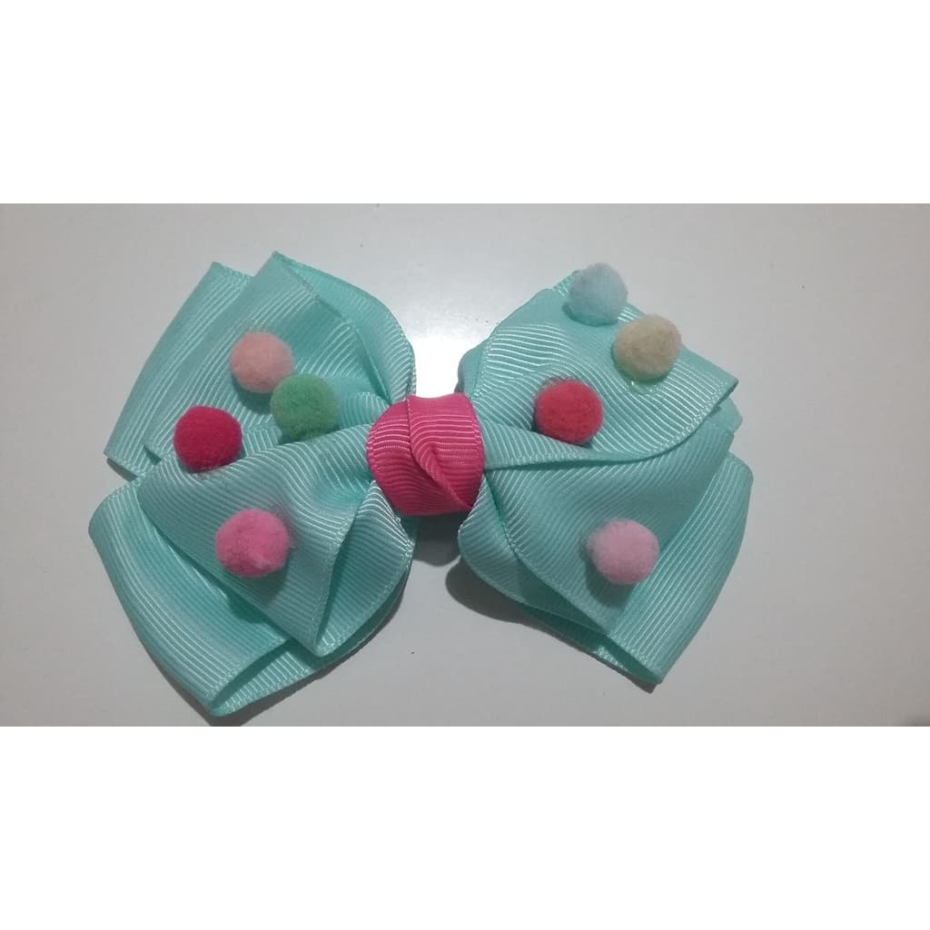 Laço Verde e Rosa Pom Pom