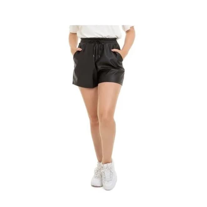 Shorts Feminino De Couro Sintético Com Cordão Preto importado