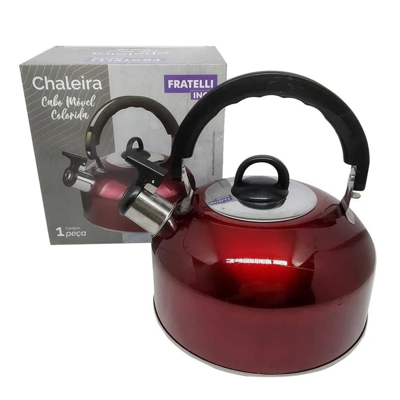 Chaleira Inox com Apito Tampa 2,0L Preta Vermelha
