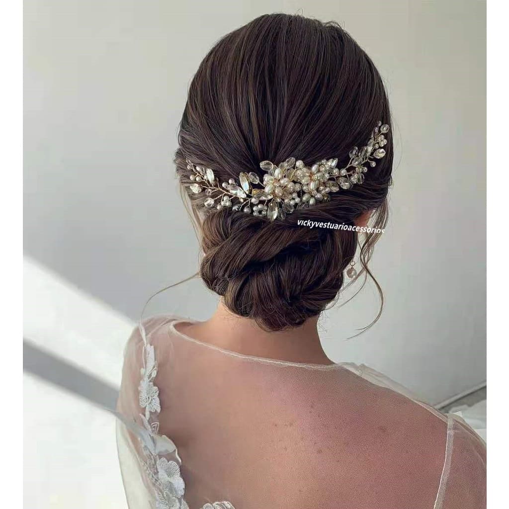 Arranjo Noiva Grinaldas Pérola Dourada  Penteado Vintage Elegante para Casamento