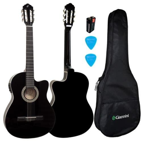 Kit Violão Elétrico Clássico Flat Nylon Nf14 Bk Preto Giannini Simples