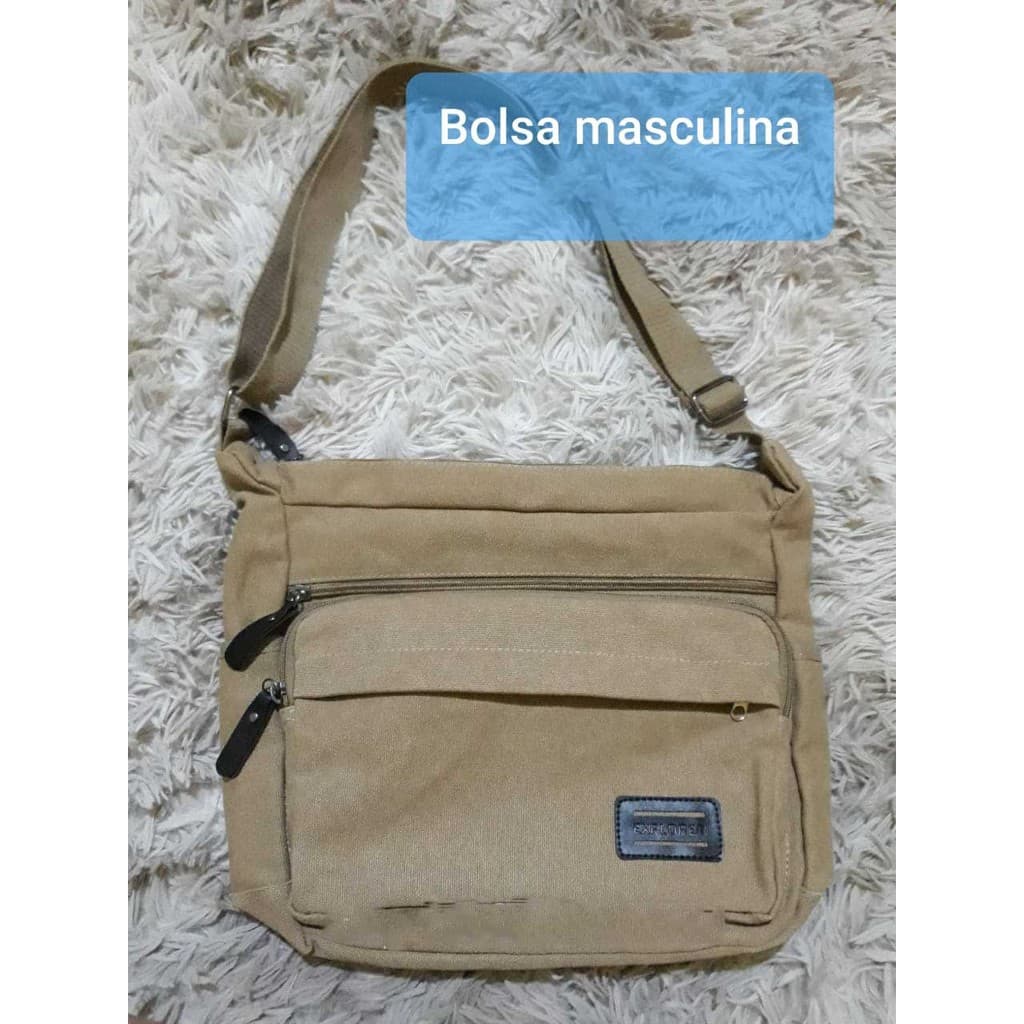 Bolsa Masculina de Ombro Pano Algodão com 3 Bolsos Separados com Ziper Alça Regulavel na cor Begen
