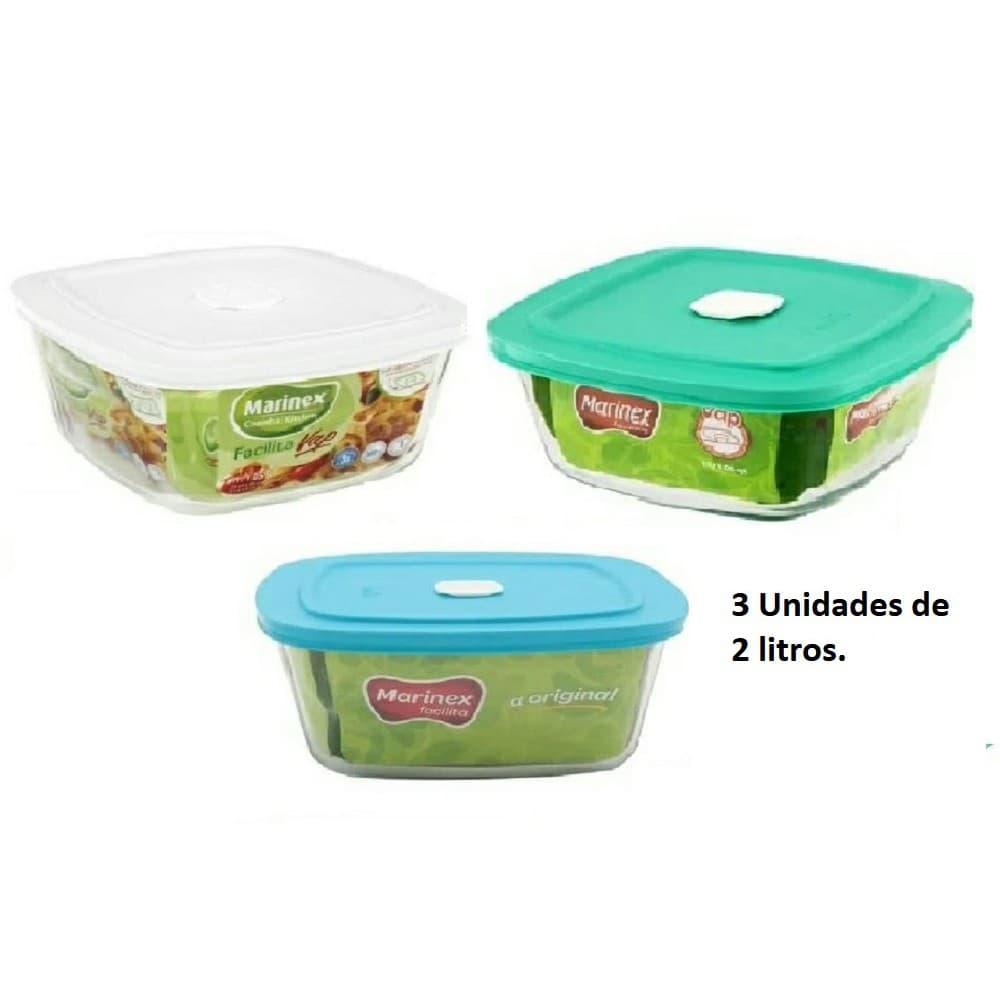 Conjunto 3 de Potes vidro 2 litros Marinex c/tampa válvula..