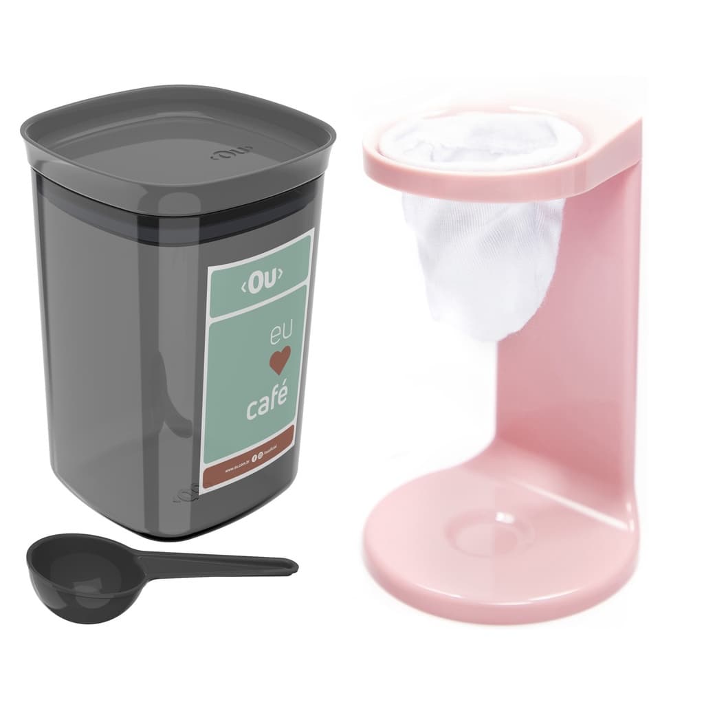 Kit Passador De Café Coador Mini Cafézinho C/ 1 Refil Pote Hermético 900ml Porta Condimento Colher Rosa - Ou
