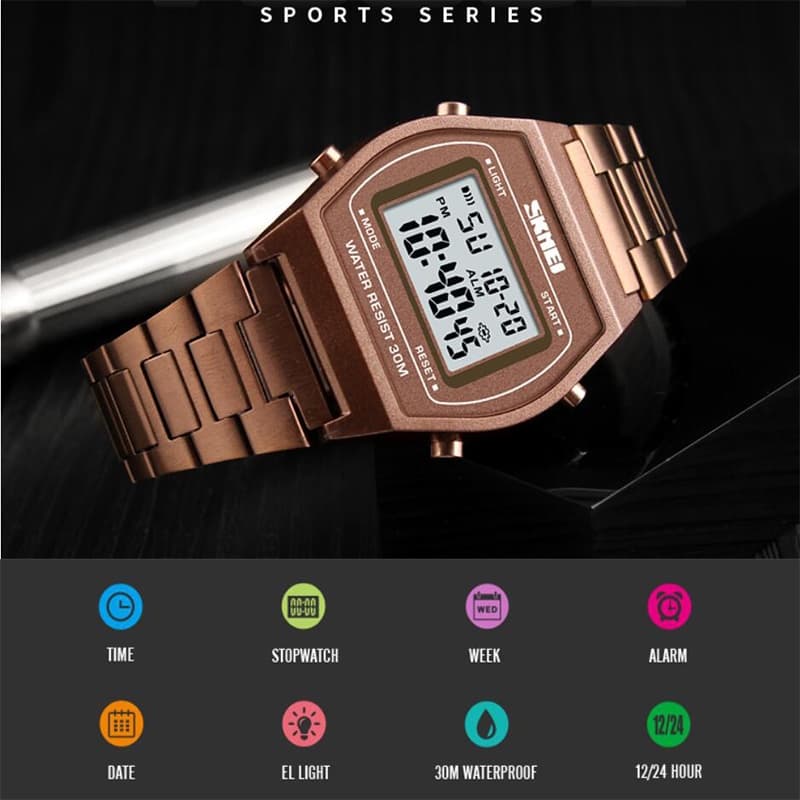 SKMEI Original Relógios Esportivos Femininos Originais De Pulso Eletrônicos De Luxo Com Alça De Aço Inoxidável Led Digital À Prova D'água