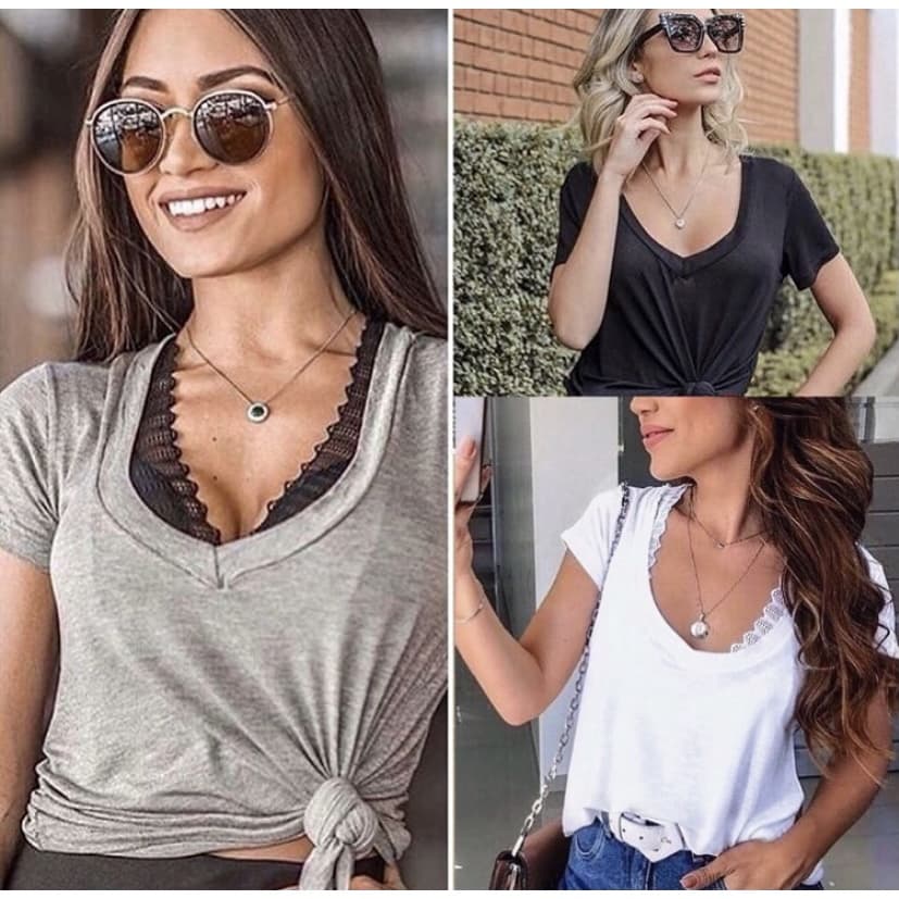 Blusa podrinha T-shirt blogueira feminina básica camisetinha lisa para dia dia com decote V fininha primavera verão