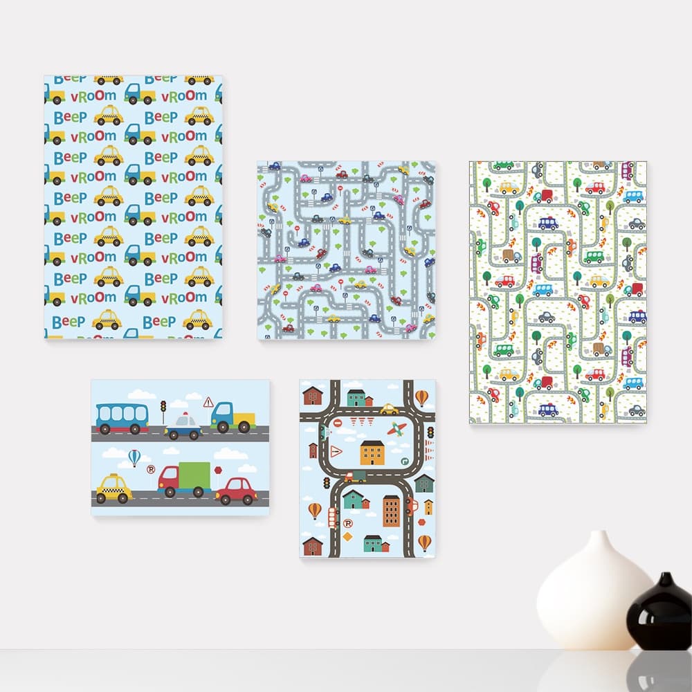 Kit 5 Quadros Decorativos Placas - Carrinhos Infantil Bebê Quarto Menino Menina - 328ktpl5