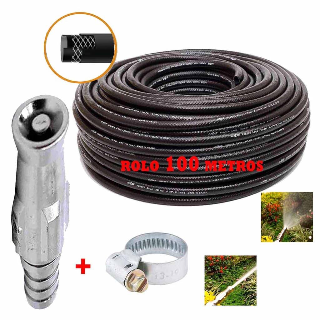 Mangueira Jardim Reforçada 1/2 300 Psi Para Água 100 Metros + Esguicho De Metal Ajustável
