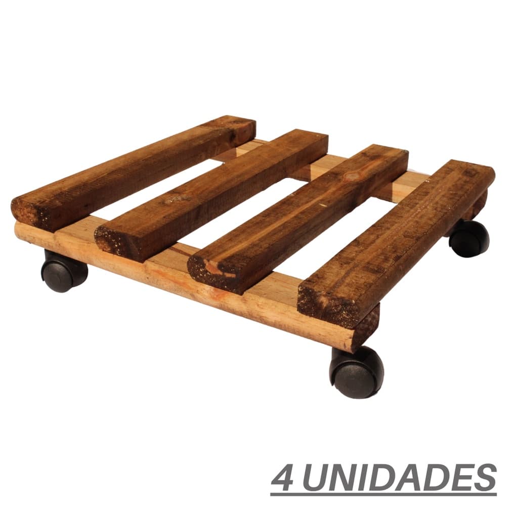 Suporte De Vaso Plantas Madeira 30cm C/ Rodinhas 4 Unidades