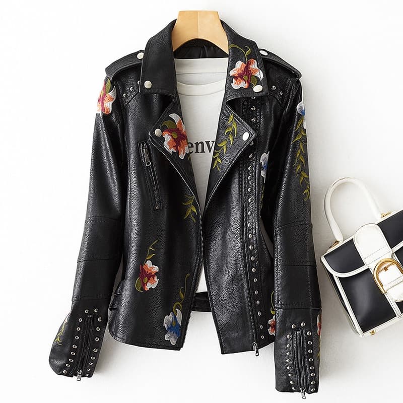 Novas Mulheres Retro Floral Imprimir Bordado Faux Macio Do Revestimento De Couro Colarinho Turndown Pu Moto Motociclista Punk Preto Outerwear