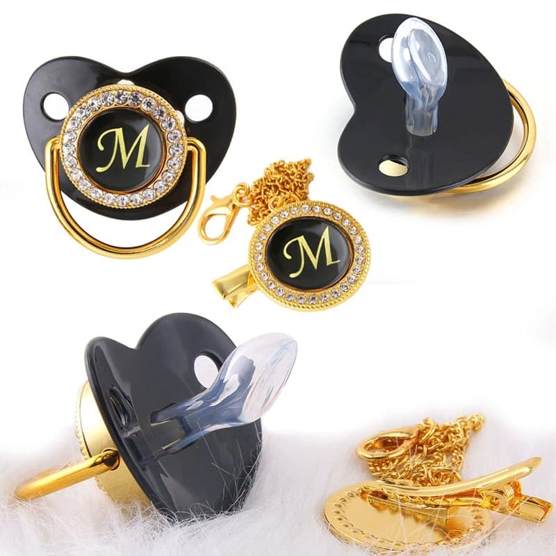 Luxo Preto Bling Do Bebê Chupeta E Clipe Carta M Infantil Ouro 26 Nome Inicial Chuveiro De Presente