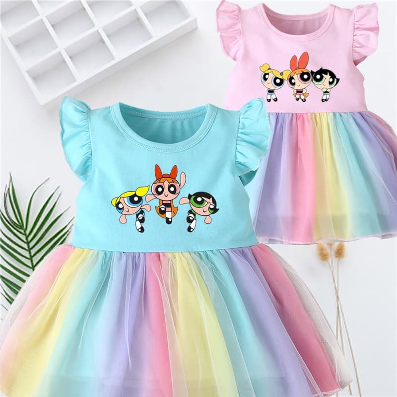 Powerpuff Girls New Girl Vestido De Malha Arco-Íris Cute Cartoon Bravo Baby Flying Sleeve Princesa