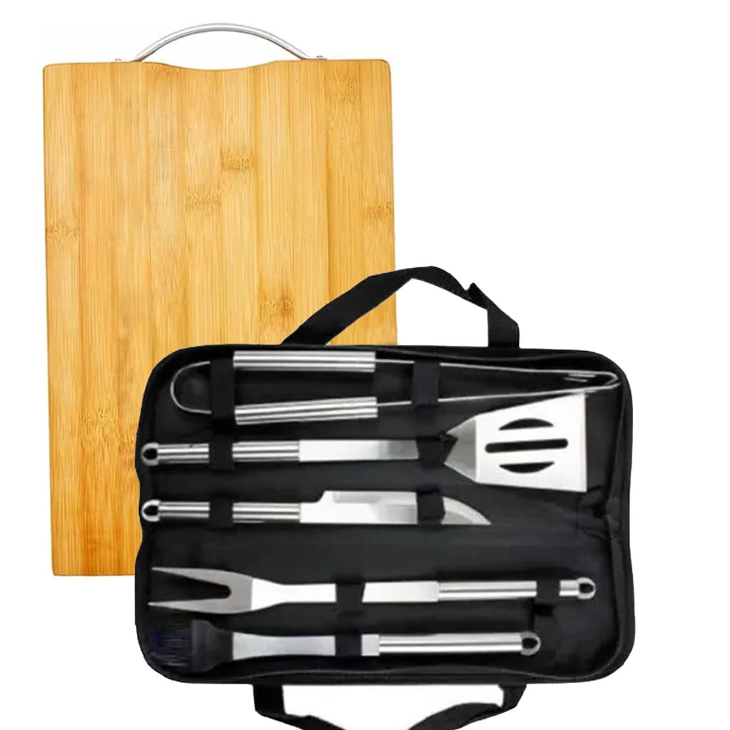 Kit Churrasco Conjunto Inox Estojo Faca Garfo Espátula Tabua Madeira