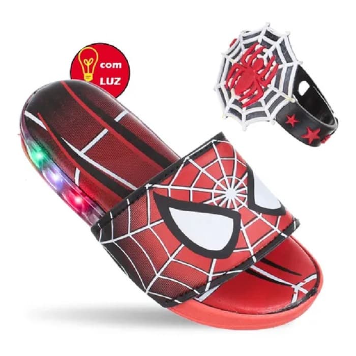 Chinelo com Luz de Led Pisca Homem Aranha Preto Vermelho