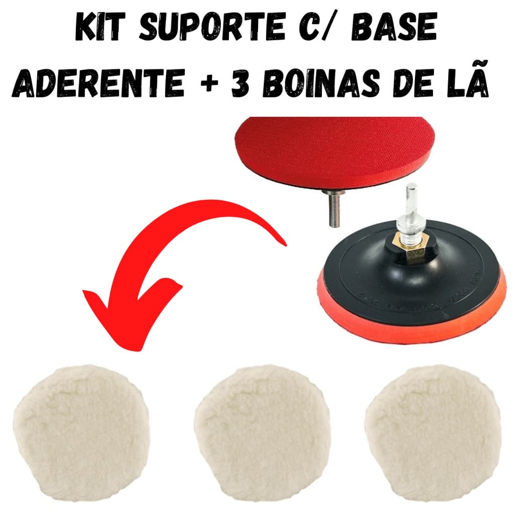 Kit Suporte C/ Base Aderente 125mm + 3 Boinas De Lã Para Polimento 5 polegadas Politriz e Furadeira 125mm