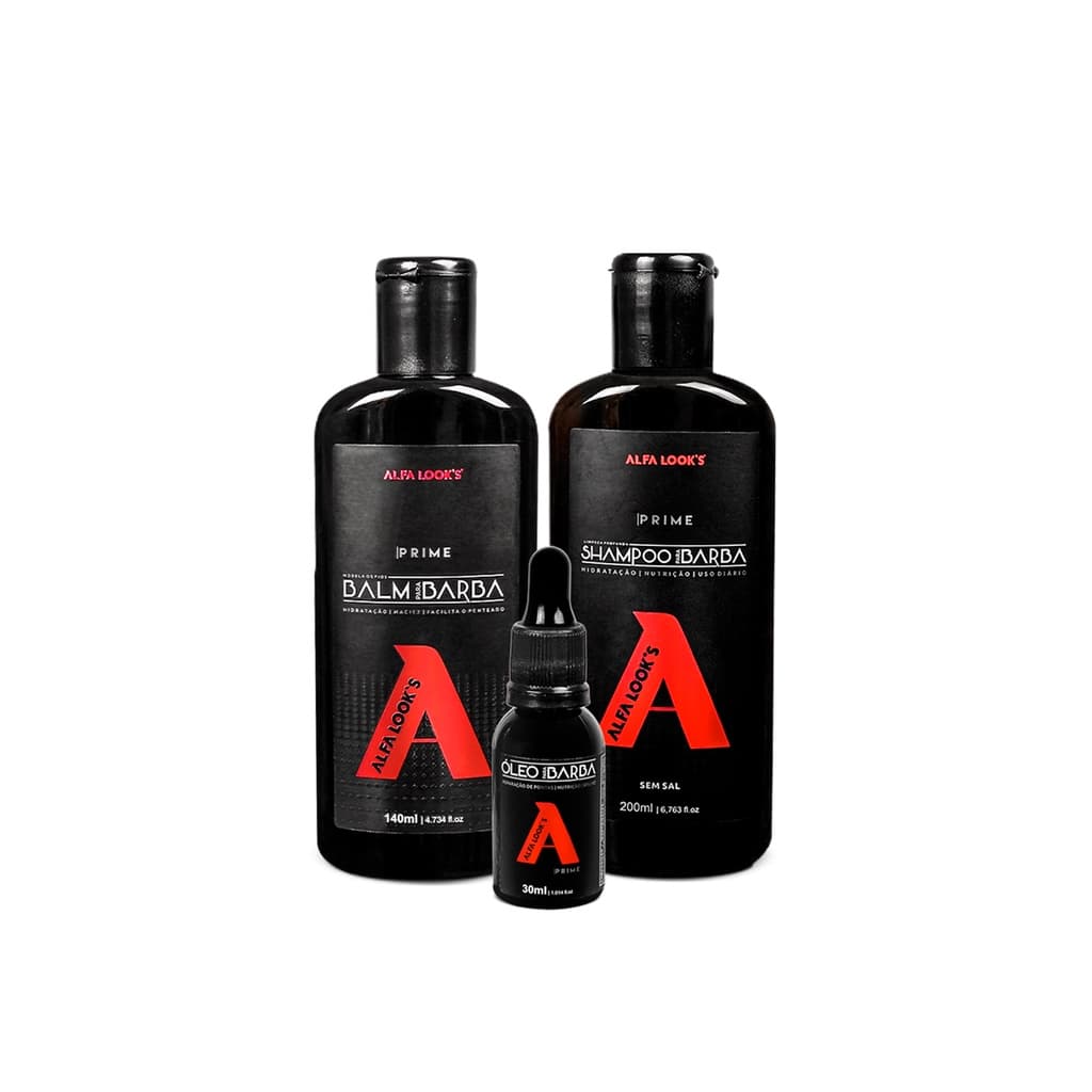 Kit para Barba Alfa Look's Prime - 1 Balm + 1 Óleo + 1 Shampoo para Barba