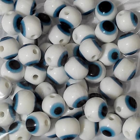 Olho Grego Branco ( miçanga ) de 8mm 100% resina com Furo 50 Unidades - Planeta das artes
