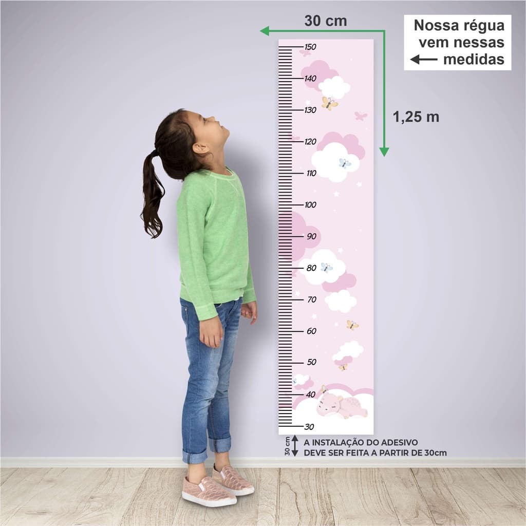 Régua de Crescimento Nuvens Rosa e Borboletas Coloridas