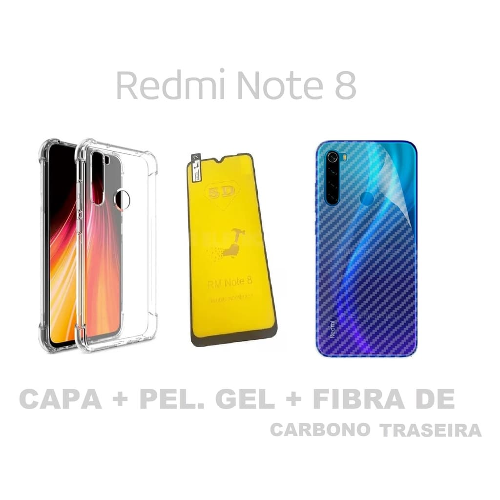 Capa Compatível com Xioami Redmi Note 8 Anti-impacto + Película 5D Gel + Fibra Carbono