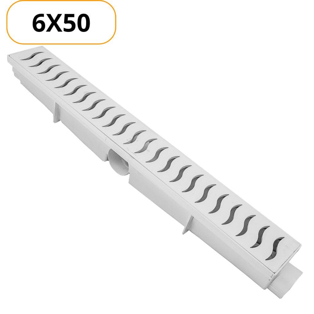 Ralo Linear Seca Piso 6x50 cm BRANCO com Grelha de Plástico para Box Piscina Banheiro Jardim Corredor Garagem Quintal Sifonado Anti-odor ( 6x50cm )