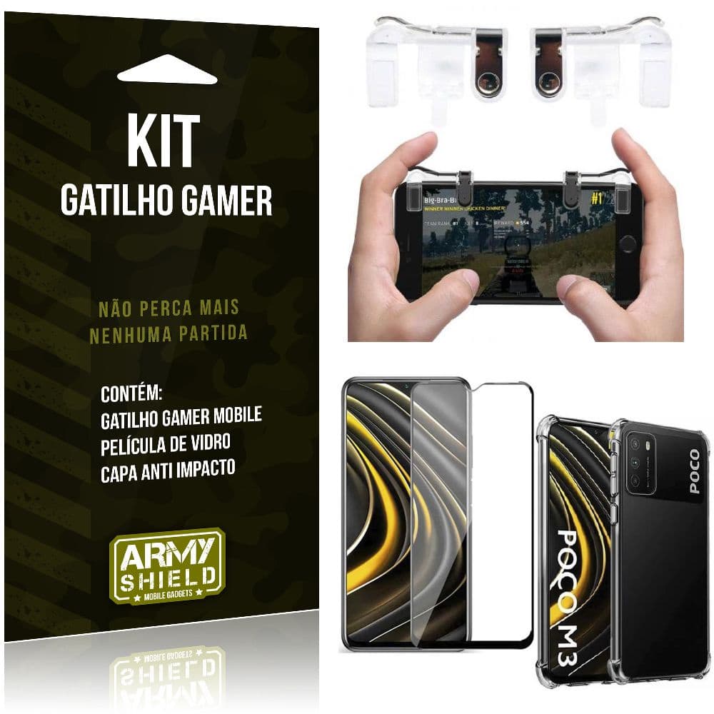 Kit Poco M3 Gatilho Gamer + Capa Anti Impacto + Película Vidro 3D - Armyshield