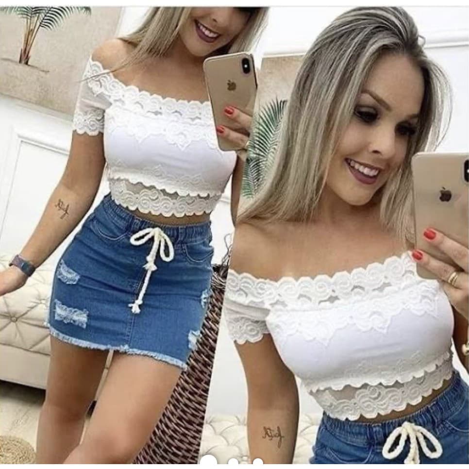 Cropped Ciganinha Ombro A Ombro Blusinha Renda Tendência