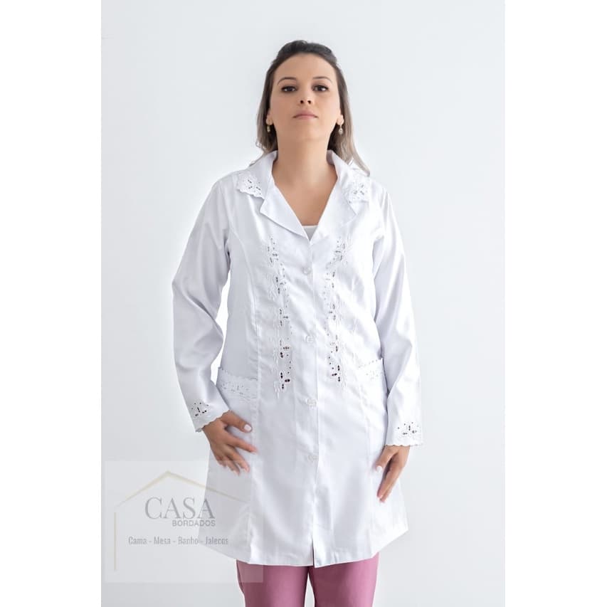 Jaleco Feminino Branco Bordado Tecido Microfibra 923 - Nininha Jalecos