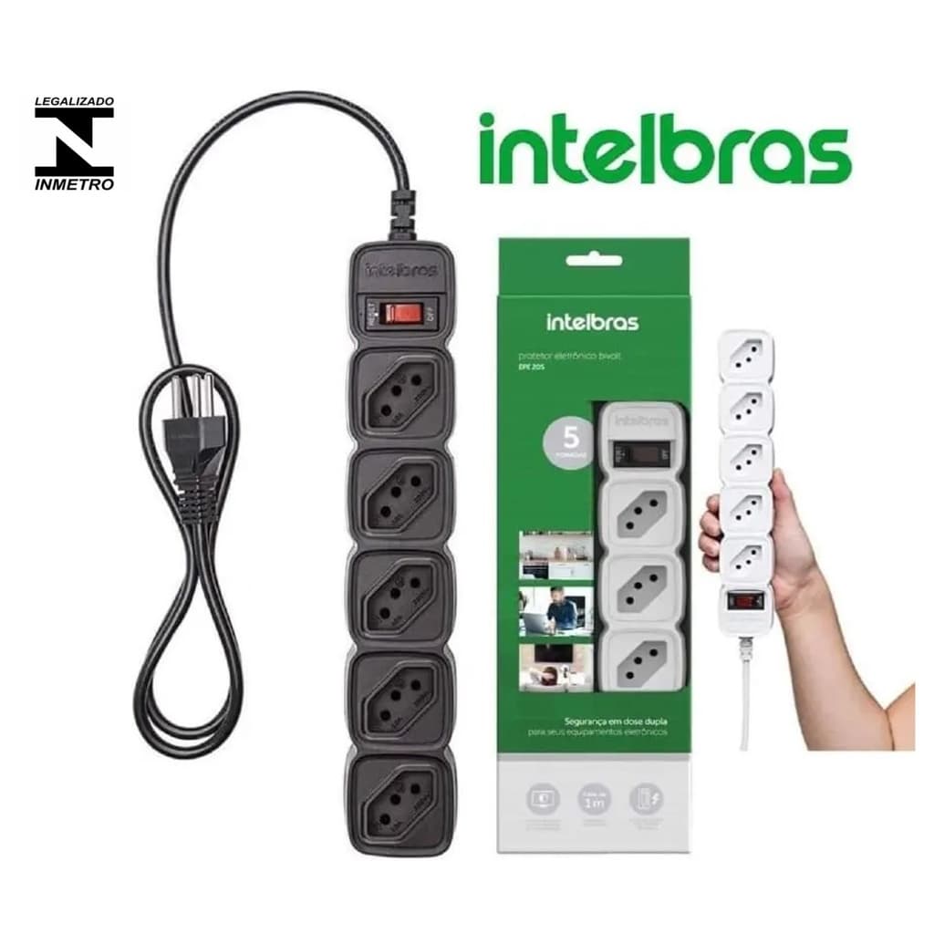 Filtro de Linha Intelbras Regua Elétrica Bivolt Com 5 Tomadas INMETRO - Preto e Branco