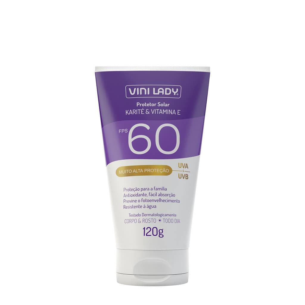 Protetor Solar Fator 60 Corpo e Rosto - Karité e Vitamina E 120g - Vini Lady