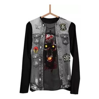 Camisa Xg Caveira Jaqueta Jeans Moto Clube Longa 3d Cv017