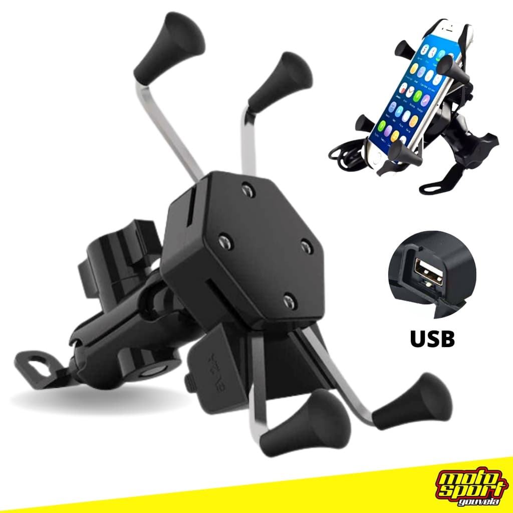 Suporte Celular Moto Com Carregador USB Universal Motoboy Garra X Articulado Pinça Aranha Alumínio