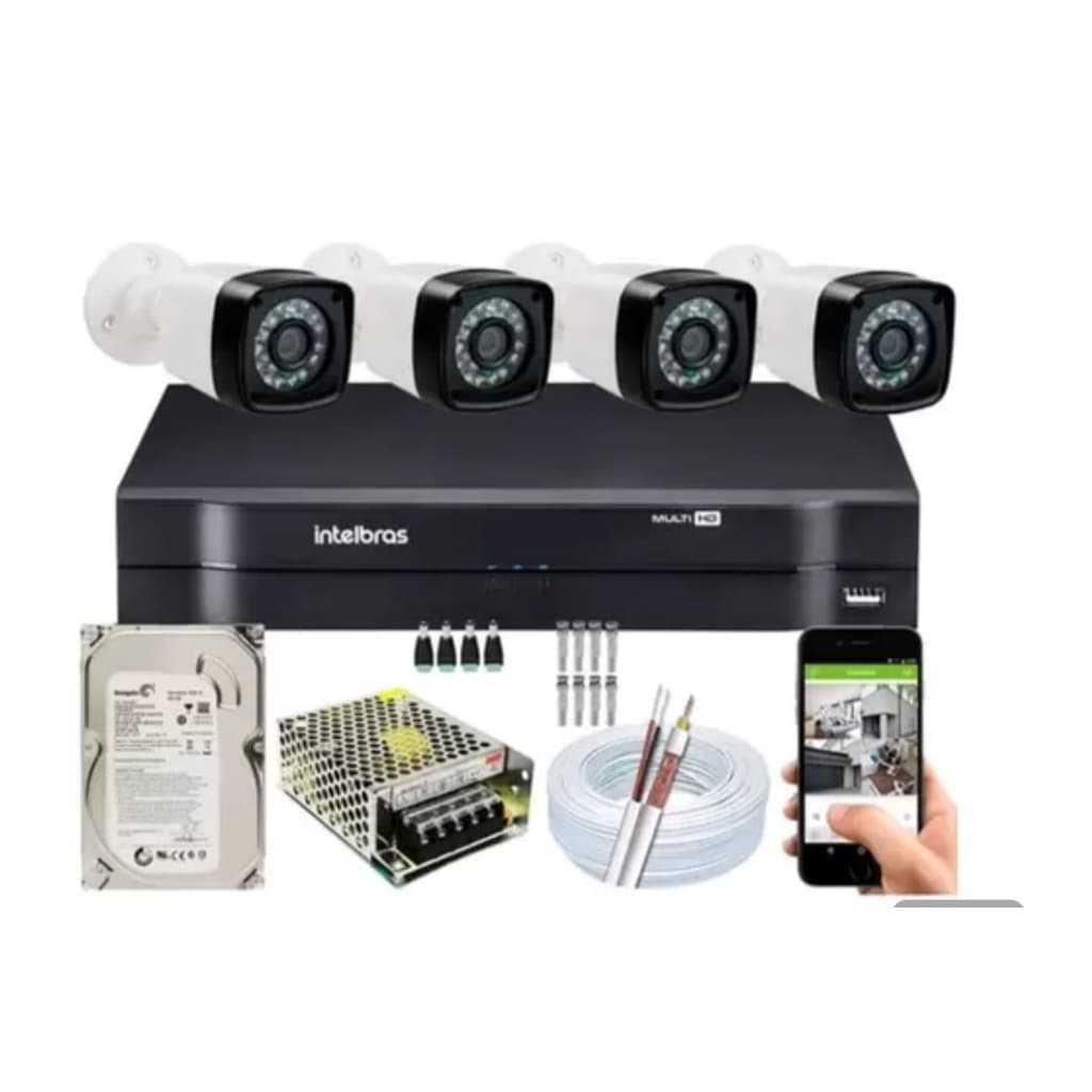 Kit 4 Cameras 1080p Full Hd + Dvr Intelbras 4 ch  + cabo 100 metros + conectores + hd 160g