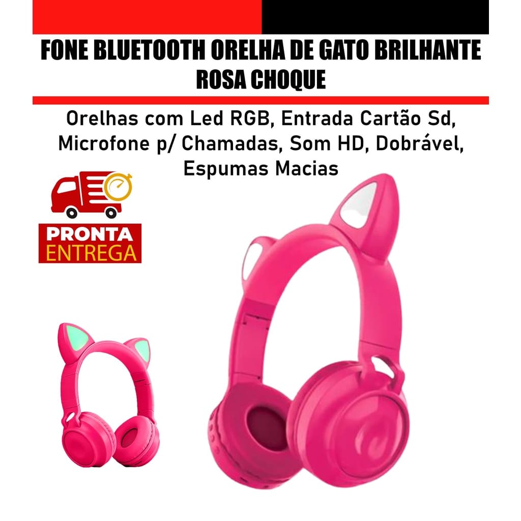 Fone de Ouvido Bluetooth Orelha de Gato Brilhante com Microfone Interno + Entrada Sd Rosa Choque
